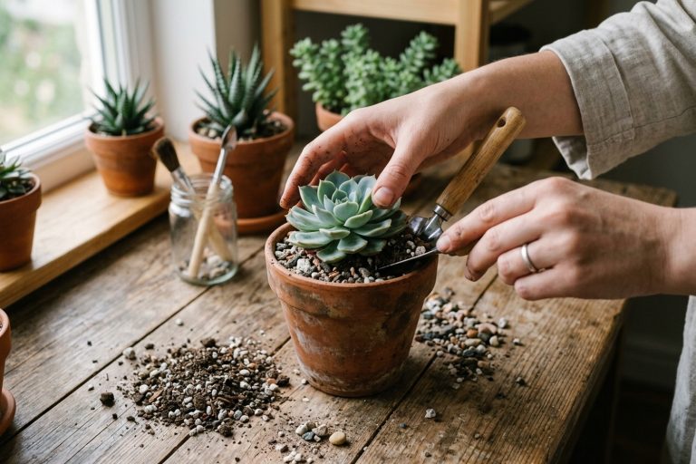 Rempotage d'une succulente dans un substrat drainant