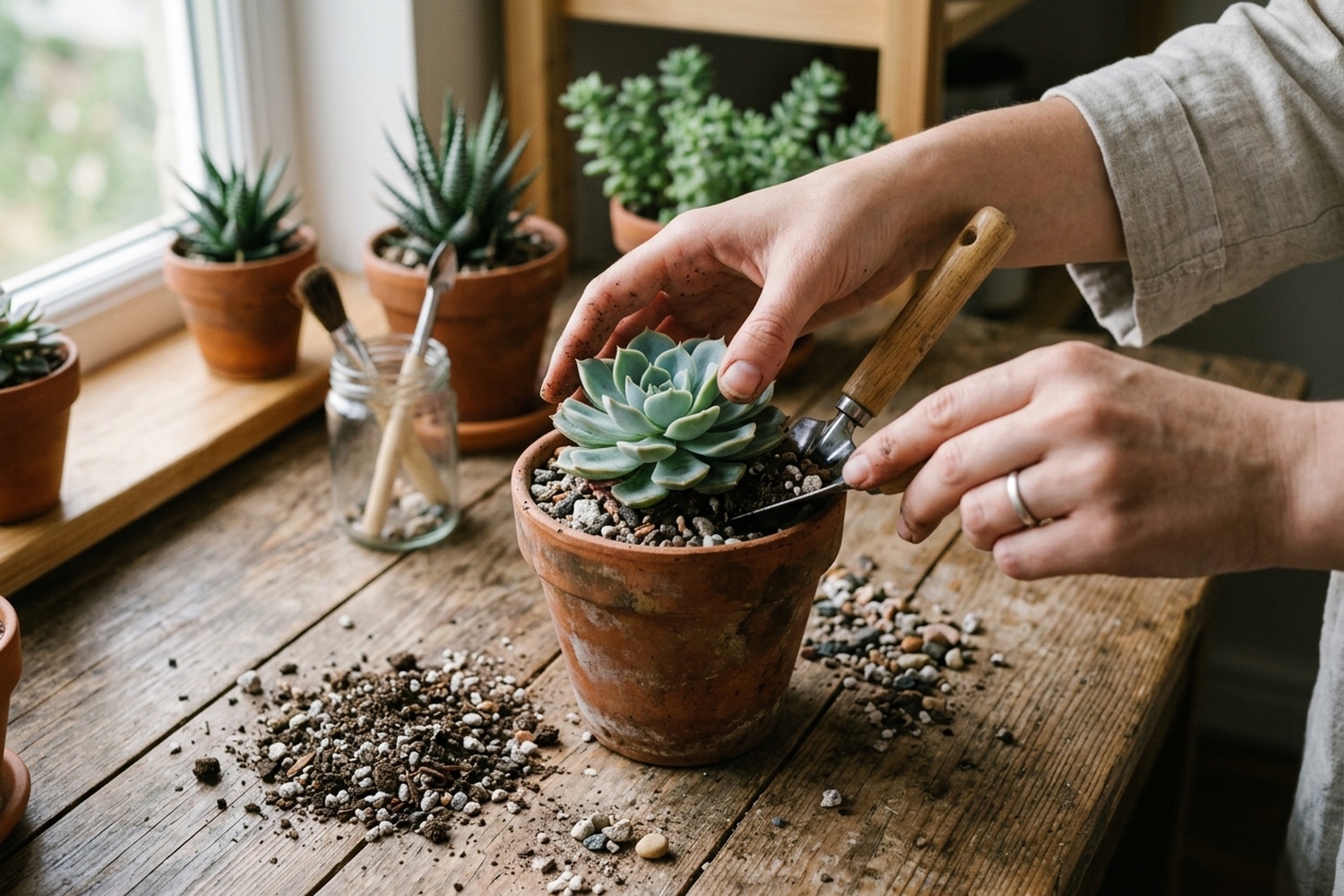 Rempotage d'une succulente dans un substrat drainant
