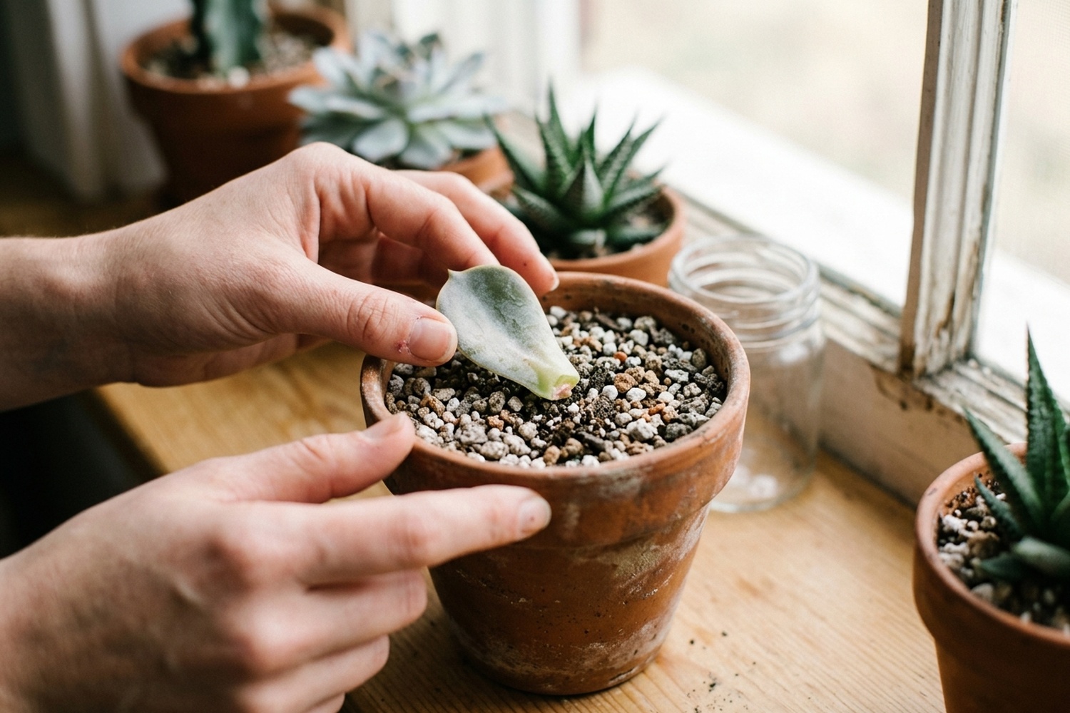 Bouture de feuille de succulente en cours d'enracinement