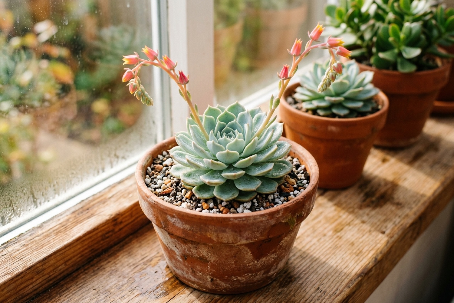 Succulente en fleur sur une hampe florale